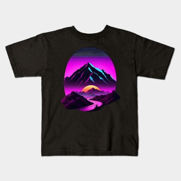 Synthwave vaporwave mountains with sun Kids T-Shirt by Spaceboyishere